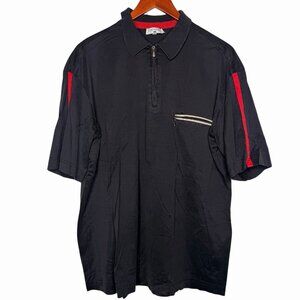 CORTIGIANI 100% Cotton Black 1/4 Zip Short Sleeve Polo Shirt Italy 56 Red Stripe